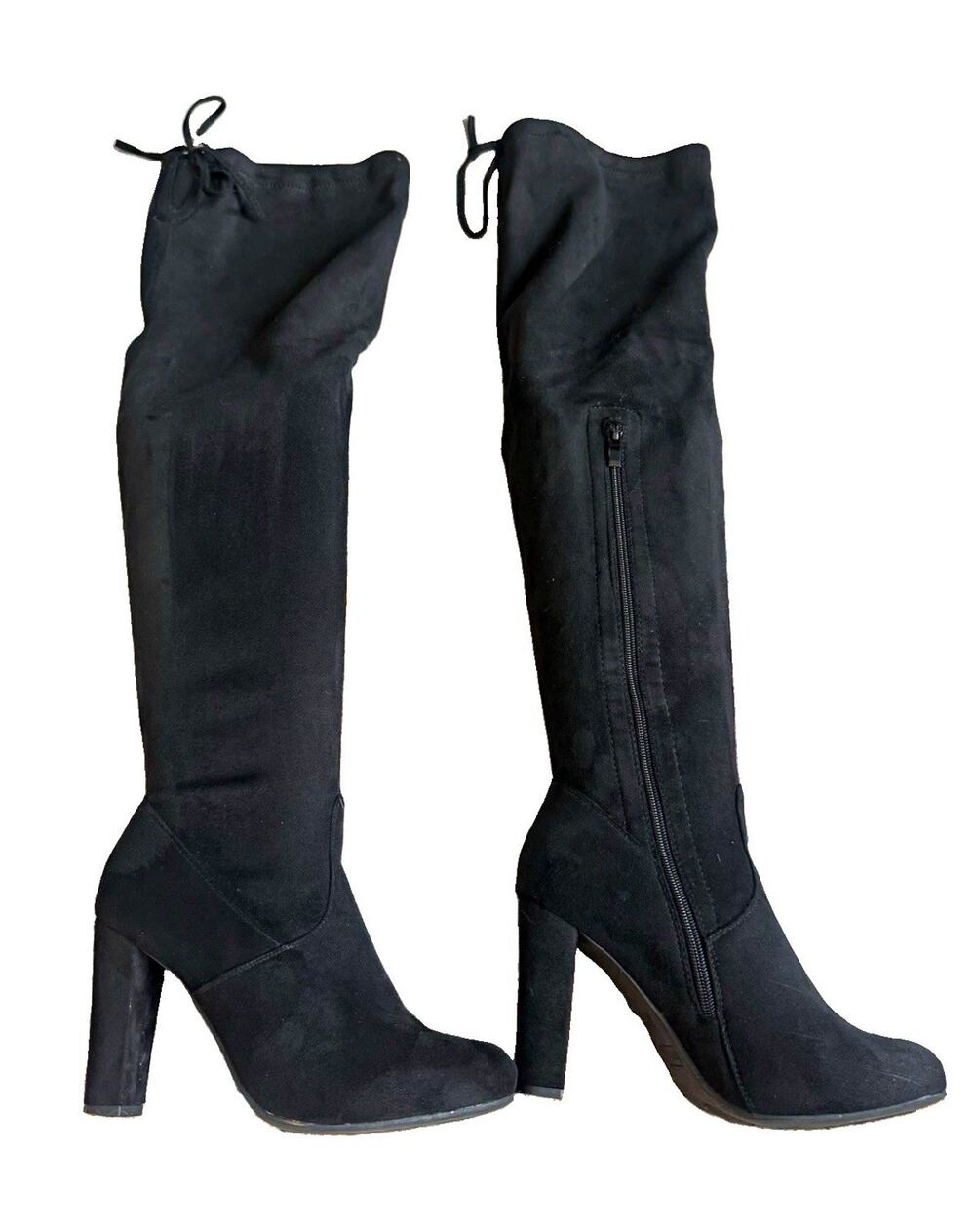 Top Moda Black Faux Suede Over The Knee Boots Block Chunky Heel Side Zip Sz 8